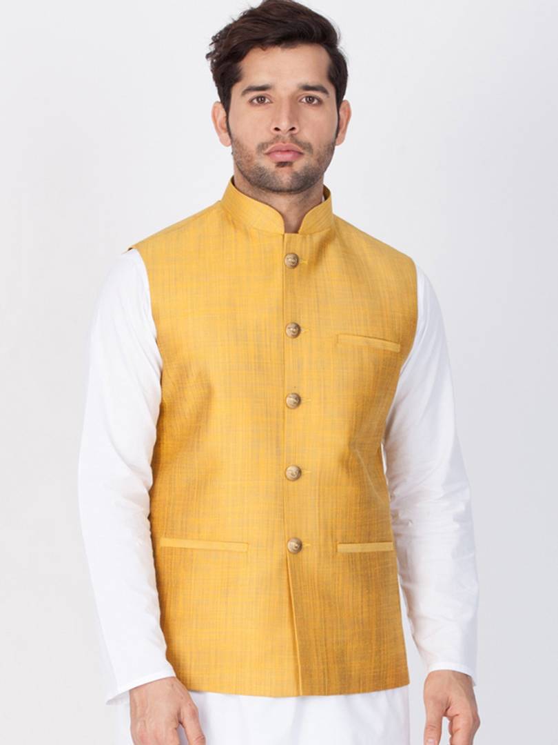 Men's Yellow 
Cotton Blend
 Solid
 Nehru Jackets